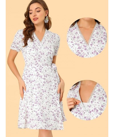 V Neck Wrap Dresses for Women's Short Sleeve Knee Length Floral Print Dress White $12.44 Dresses