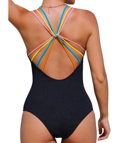 Women's One Piece Swimsuit Spaghetti Strap Textured Cutout Bathing Suit Black $17.99 Swimsuits