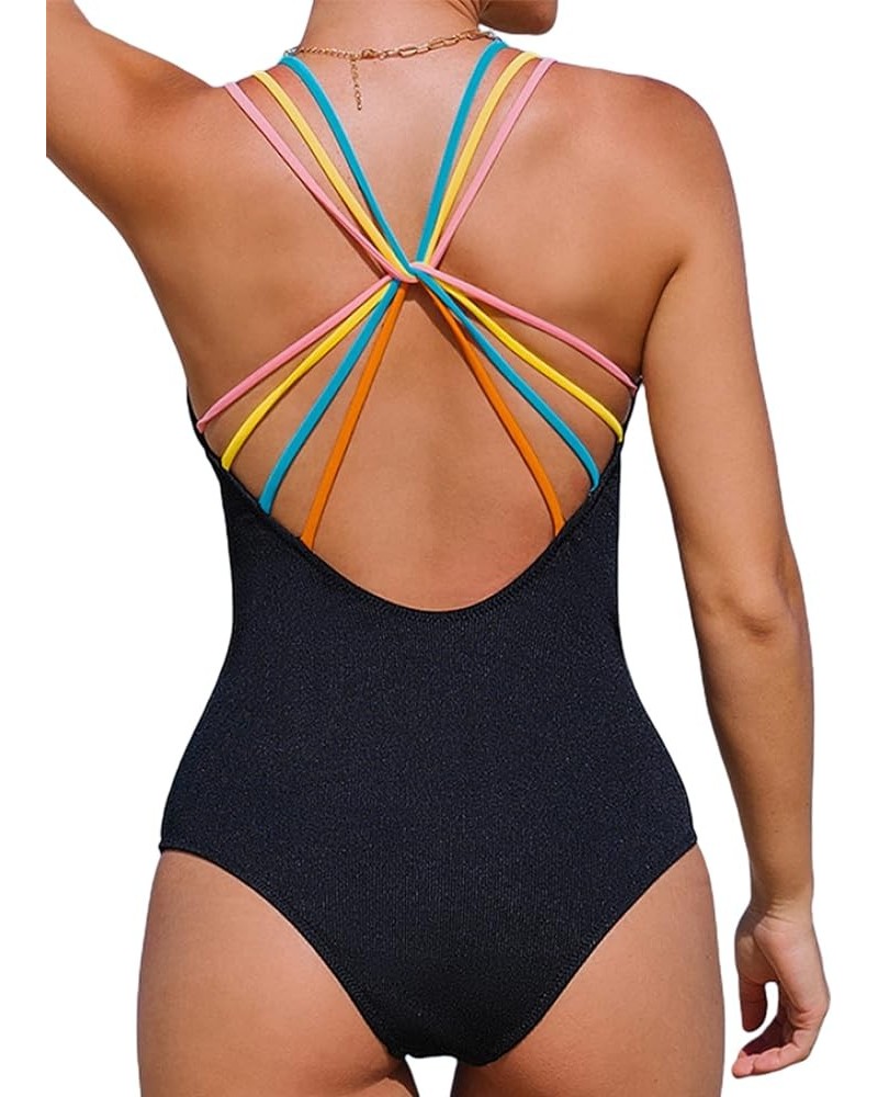 Women's One Piece Swimsuit Spaghetti Strap Textured Cutout Bathing Suit Black $17.99 Swimsuits