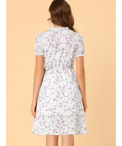 V Neck Wrap Dresses for Women's Short Sleeve Knee Length Floral Print Dress White $12.44 Dresses