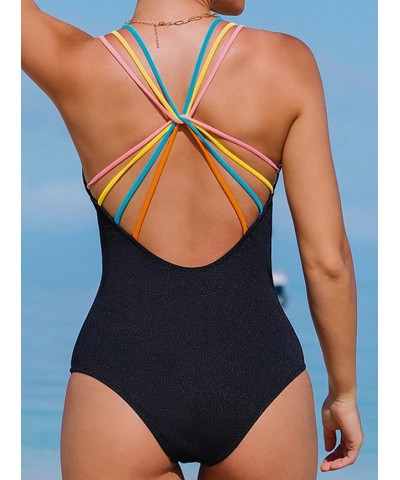 Women's One Piece Swimsuit Spaghetti Strap Textured Cutout Bathing Suit Black $17.99 Swimsuits