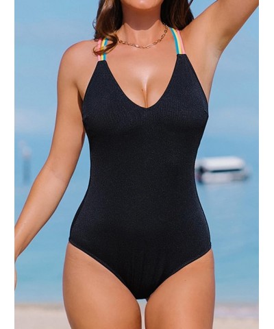 Women's One Piece Swimsuit Spaghetti Strap Textured Cutout Bathing Suit Black $17.99 Swimsuits