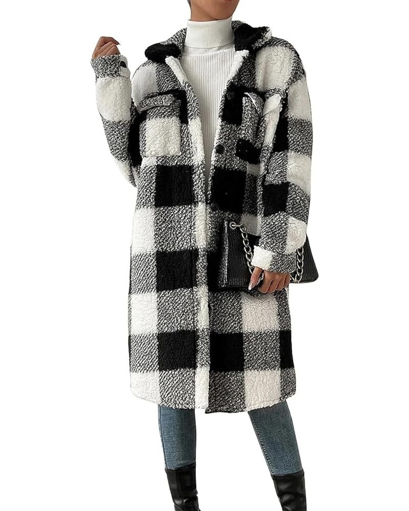 Women's Long Fuzzy Fleece Plaid Sherpa Shacket Jacket Black $34.44 Jackets