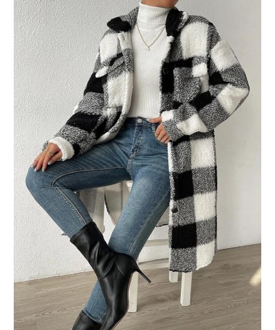 Women's Long Fuzzy Fleece Plaid Sherpa Shacket Jacket Black $34.44 Jackets