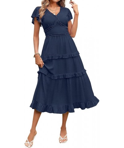 Womens 2023 Summer Casual V Neck Flutter Sleeve High Waist Ruffle Tiered Midi Dress Navy $21.83 Dresses