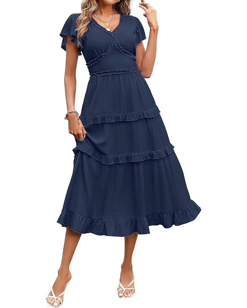 Womens 2023 Summer Casual V Neck Flutter Sleeve High Waist Ruffle Tiered Midi Dress Navy $21.83 Dresses