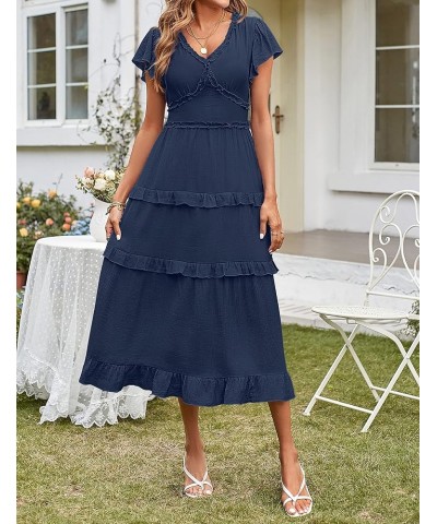 Womens 2023 Summer Casual V Neck Flutter Sleeve High Waist Ruffle Tiered Midi Dress Navy $21.83 Dresses