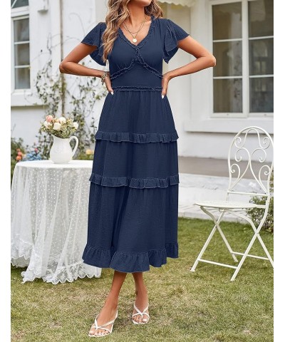 Womens 2023 Summer Casual V Neck Flutter Sleeve High Waist Ruffle Tiered Midi Dress Navy $21.83 Dresses