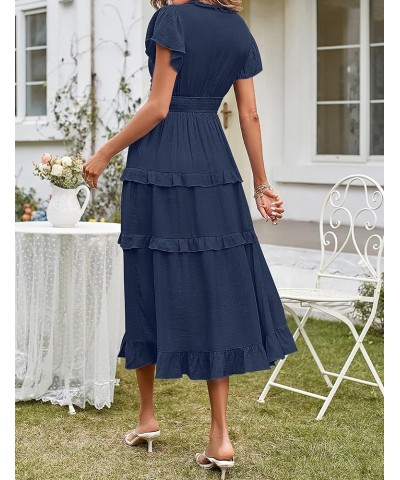 Womens 2023 Summer Casual V Neck Flutter Sleeve High Waist Ruffle Tiered Midi Dress Navy $21.83 Dresses