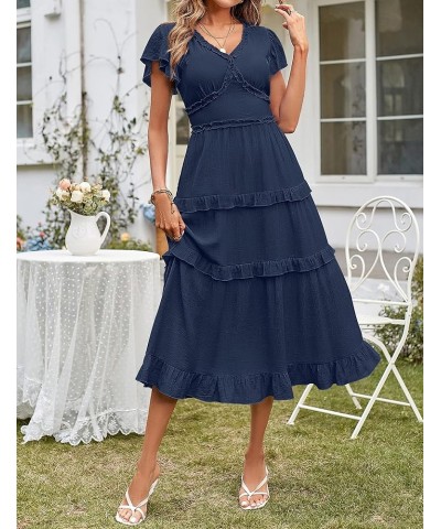 Womens 2023 Summer Casual V Neck Flutter Sleeve High Waist Ruffle Tiered Midi Dress Navy $21.83 Dresses