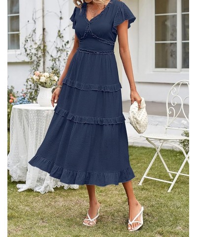 Womens 2023 Summer Casual V Neck Flutter Sleeve High Waist Ruffle Tiered Midi Dress Navy $21.83 Dresses