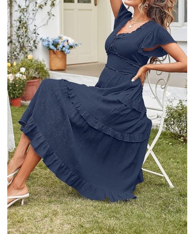 Womens 2023 Summer Casual V Neck Flutter Sleeve High Waist Ruffle Tiered Midi Dress Navy $21.83 Dresses