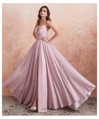 Women's Spaghetti Straps Prom Dresses Long V-Neck Sparkling Bridesmaid Dresses Formal Evening Gowns with High Slit Champagne ...