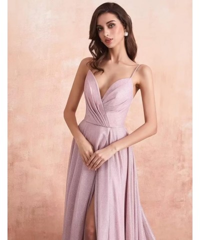 Women's Spaghetti Straps Prom Dresses Long V-Neck Sparkling Bridesmaid Dresses Formal Evening Gowns with High Slit Champagne ...