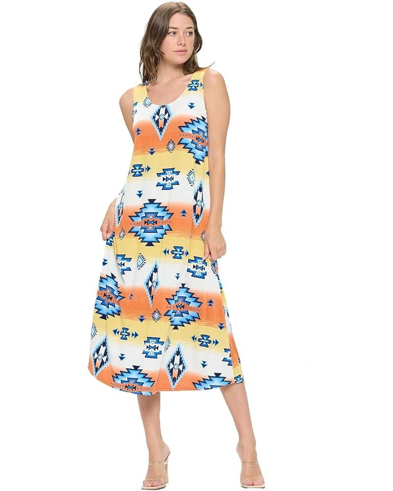 Women's Tank Long Dress – Sleeveless Scoop Neck Casual Printed Swing Flowy T Shirt One Piece W371 Yellow $20.39 Dresses