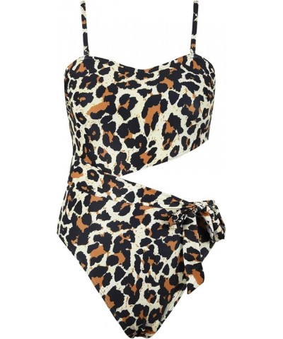 Womens Cutout One Piece Swimsuit Strapless Bathing Suit Tie Side High Cut Monokini Swimwear Beige Leopard $10.91 Swimsuits