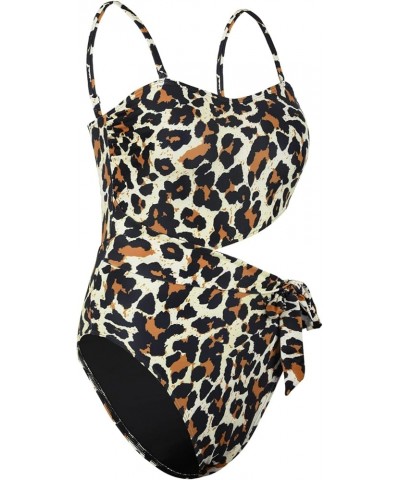 Womens Cutout One Piece Swimsuit Strapless Bathing Suit Tie Side High Cut Monokini Swimwear Beige Leopard $10.91 Swimsuits