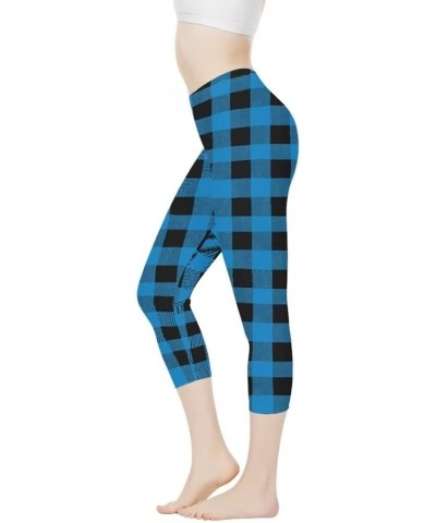 Women Sunflower Print Capri Tummy Control High Waisted Yoga Pants Legging Blue Black Buffalo Plaid $12.23 Leggings