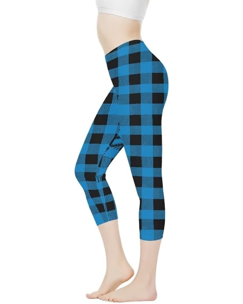 Women Sunflower Print Capri Tummy Control High Waisted Yoga Pants Legging Blue Black Buffalo Plaid $12.23 Leggings