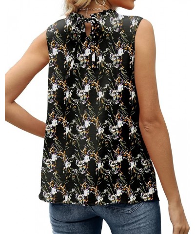 Womens Ruffle Neck Tank Tops Pleated Sleeveless Chiffon Blouses Swiss Dot 09-black Floral $10.50 Tanks