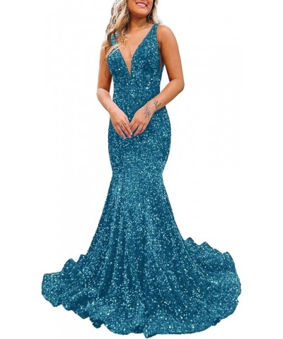 Women's V Neck Sequin Prom Dresses Long 2024 Mermaid Prom Dress Sparkly Formal Evening Party Gown Ocean Blue $35.09 Dresses