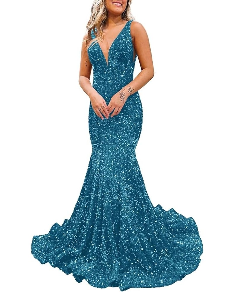 Women's V Neck Sequin Prom Dresses Long 2024 Mermaid Prom Dress Sparkly Formal Evening Party Gown Ocean Blue $35.09 Dresses