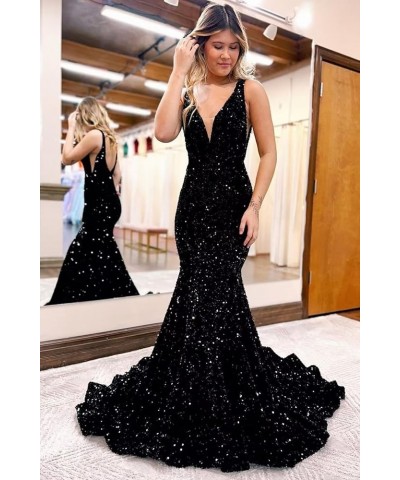 Women's V Neck Sequin Prom Dresses Long 2024 Mermaid Prom Dress Sparkly Formal Evening Party Gown Ocean Blue $35.09 Dresses