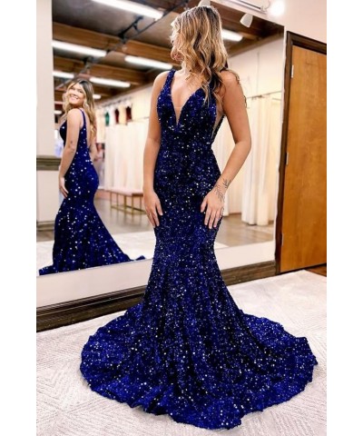 Women's V Neck Sequin Prom Dresses Long 2024 Mermaid Prom Dress Sparkly Formal Evening Party Gown Ocean Blue $35.09 Dresses