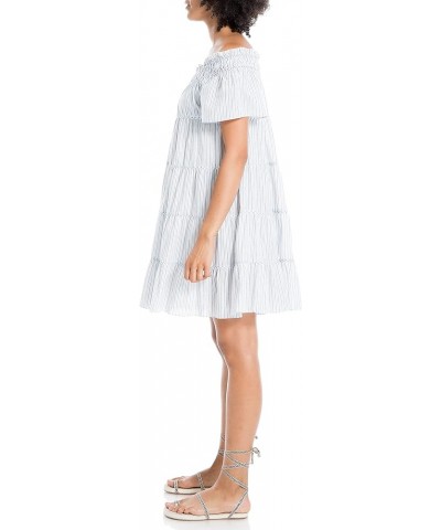 Women's Yarn Dye Sleeve Smocked Neck Tiered Short Dress White/Blue-3151 $21.90 Others