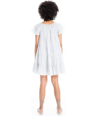 Women's Yarn Dye Sleeve Smocked Neck Tiered Short Dress White/Blue-3151 $21.90 Others