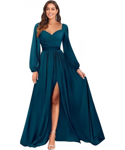 Chiffon Bridesmaid Dresses with Sleeves for Wedding Sweetheart Long Formal Evening Gown with Slit Peacock $32.44 Dresses