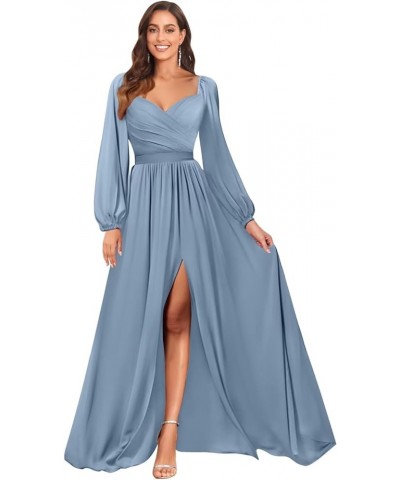 Chiffon Bridesmaid Dresses with Sleeves for Wedding Sweetheart Long Formal Evening Gown with Slit Peacock $32.44 Dresses