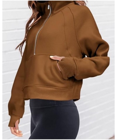 Women Long Sleeve Half Zip Fleece Lined Collar Sweatshirts Workout Crop Top Sweatshirt Pullover Sweaters Khaki $12.17 Activewear