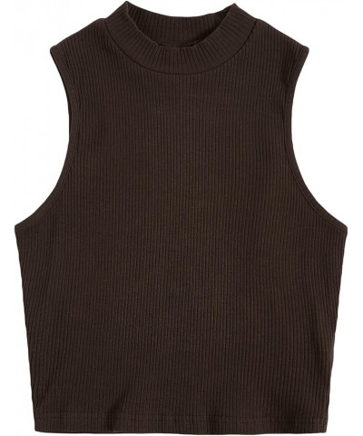 Women's Basic Sleeveless Mock Neck Rib Knit Tank Crop Top Coffee Brown $12.64 Tanks