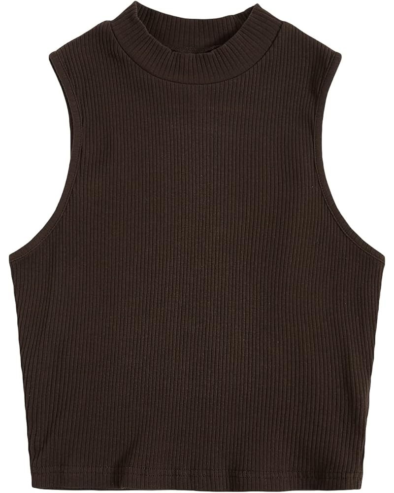 Women's Basic Sleeveless Mock Neck Rib Knit Tank Crop Top Coffee Brown $12.64 Tanks