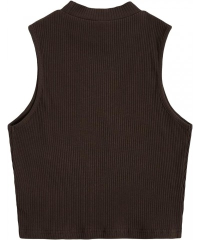 Women's Basic Sleeveless Mock Neck Rib Knit Tank Crop Top Coffee Brown $12.64 Tanks