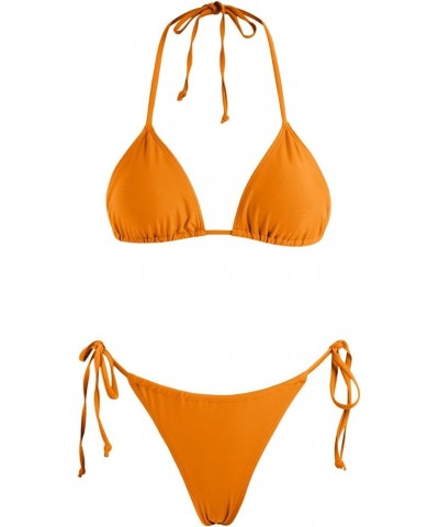 Women's Triangle Bikini String Swimsuit Print Tie Smocked Ruched Two Piece Bathing Suit Set Bright Orange $20.51 Swimsuits