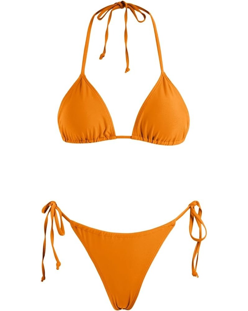 Women's Triangle Bikini String Swimsuit Print Tie Smocked Ruched Two Piece Bathing Suit Set Bright Orange $20.51 Swimsuits