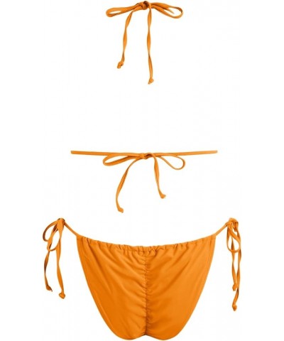 Women's Triangle Bikini String Swimsuit Print Tie Smocked Ruched Two Piece Bathing Suit Set Bright Orange $20.51 Swimsuits