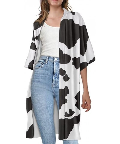 Women Summer Cardigan Casual Open Front Half Sleeve Loose Cover Ups Tops Kimono Plus Size Black White Cow Print $17.66 Swimsuits