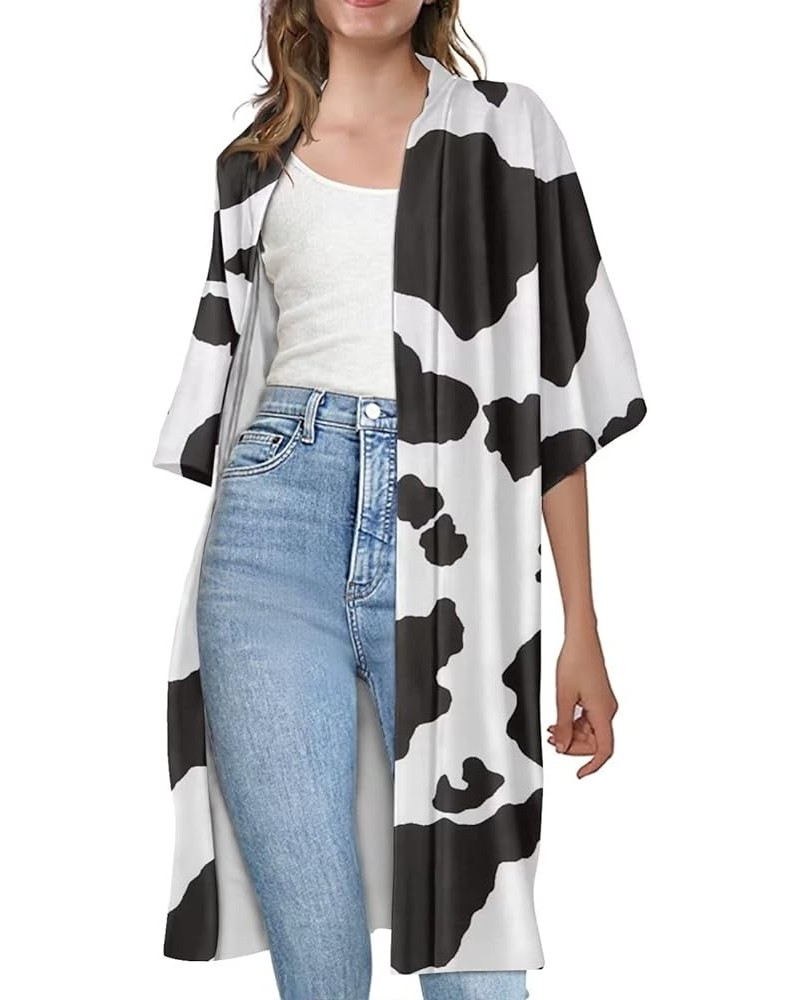 Women Summer Cardigan Casual Open Front Half Sleeve Loose Cover Ups Tops Kimono Plus Size Black White Cow Print $17.66 Swimsuits