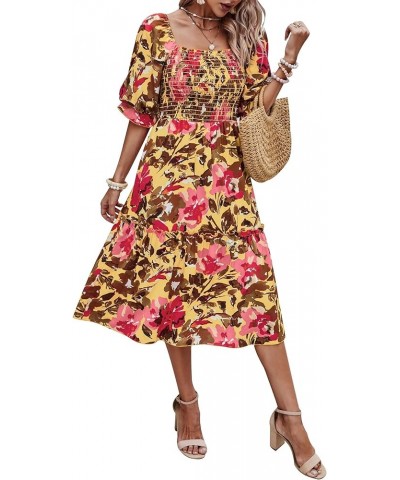 Women's Summer Casual Midi Dress Spring Puff Sleeve Square Neck A-line Flowy Boho Floral Smocked Dresses Light Yellow Red Flo...