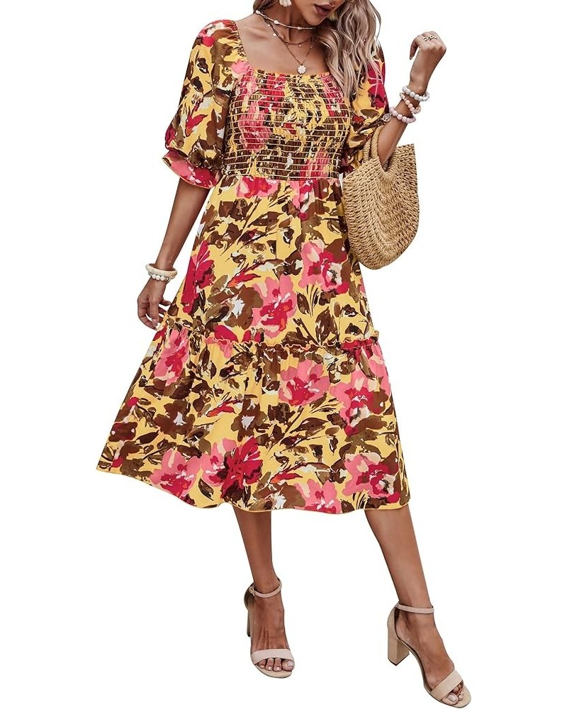 Women's Summer Casual Midi Dress Spring Puff Sleeve Square Neck A-line Flowy Boho Floral Smocked Dresses Light Yellow Red Flo...