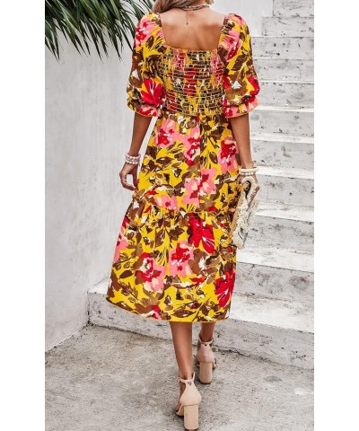 Women's Summer Casual Midi Dress Spring Puff Sleeve Square Neck A-line Flowy Boho Floral Smocked Dresses Light Yellow Red Flo...