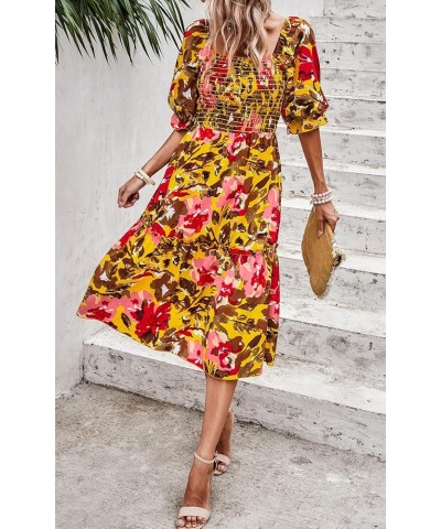 Women's Summer Casual Midi Dress Spring Puff Sleeve Square Neck A-line Flowy Boho Floral Smocked Dresses Light Yellow Red Flo...