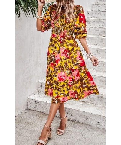 Women's Summer Casual Midi Dress Spring Puff Sleeve Square Neck A-line Flowy Boho Floral Smocked Dresses Light Yellow Red Flo...