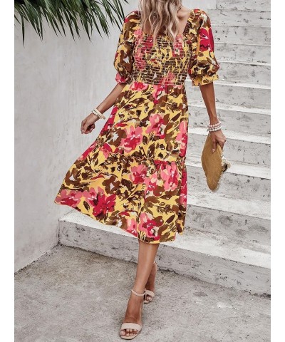 Women's Summer Casual Midi Dress Spring Puff Sleeve Square Neck A-line Flowy Boho Floral Smocked Dresses Light Yellow Red Flo...