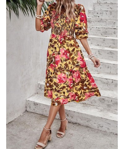 Women's Summer Casual Midi Dress Spring Puff Sleeve Square Neck A-line Flowy Boho Floral Smocked Dresses Light Yellow Red Flo...