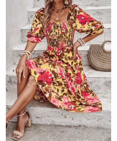 Women's Summer Casual Midi Dress Spring Puff Sleeve Square Neck A-line Flowy Boho Floral Smocked Dresses Light Yellow Red Flo...