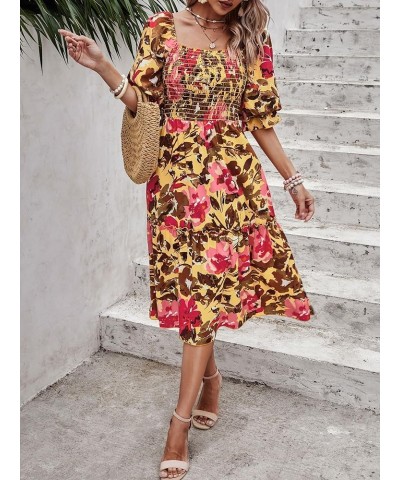 Women's Summer Casual Midi Dress Spring Puff Sleeve Square Neck A-line Flowy Boho Floral Smocked Dresses Light Yellow Red Flo...